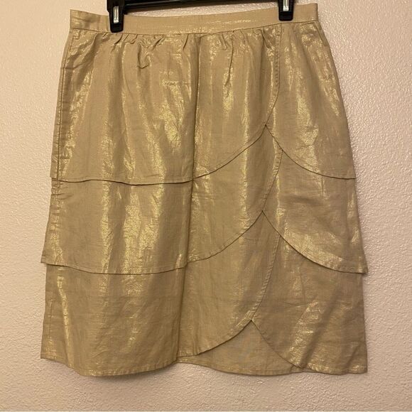 Anthropologie Edme & Esyllte Gilded Lily Gold linen Tiered tulip Skirt -10 - Picture 3 of 11